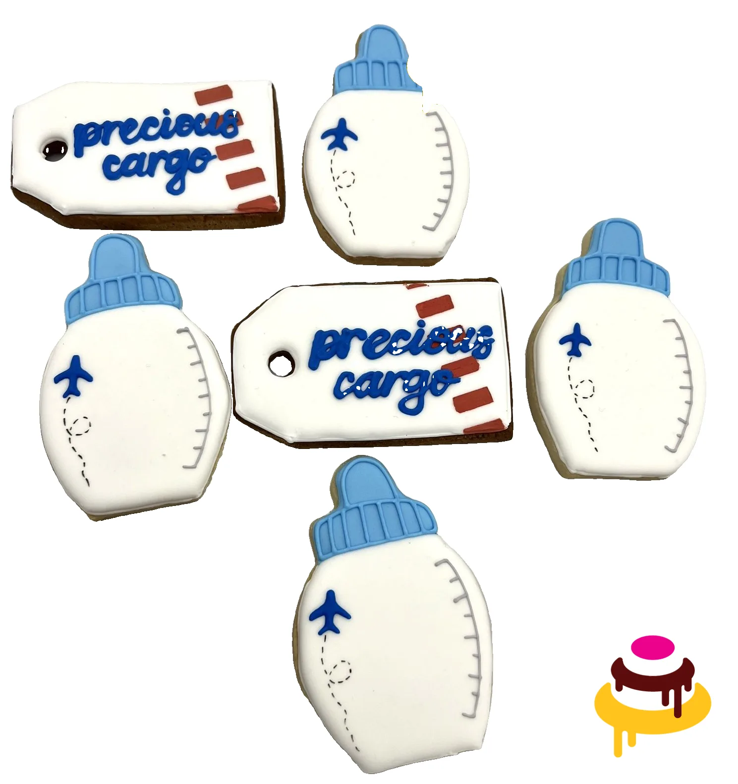 Custom hand-piped precious cargo baby bottle cookies Bay Area bakery